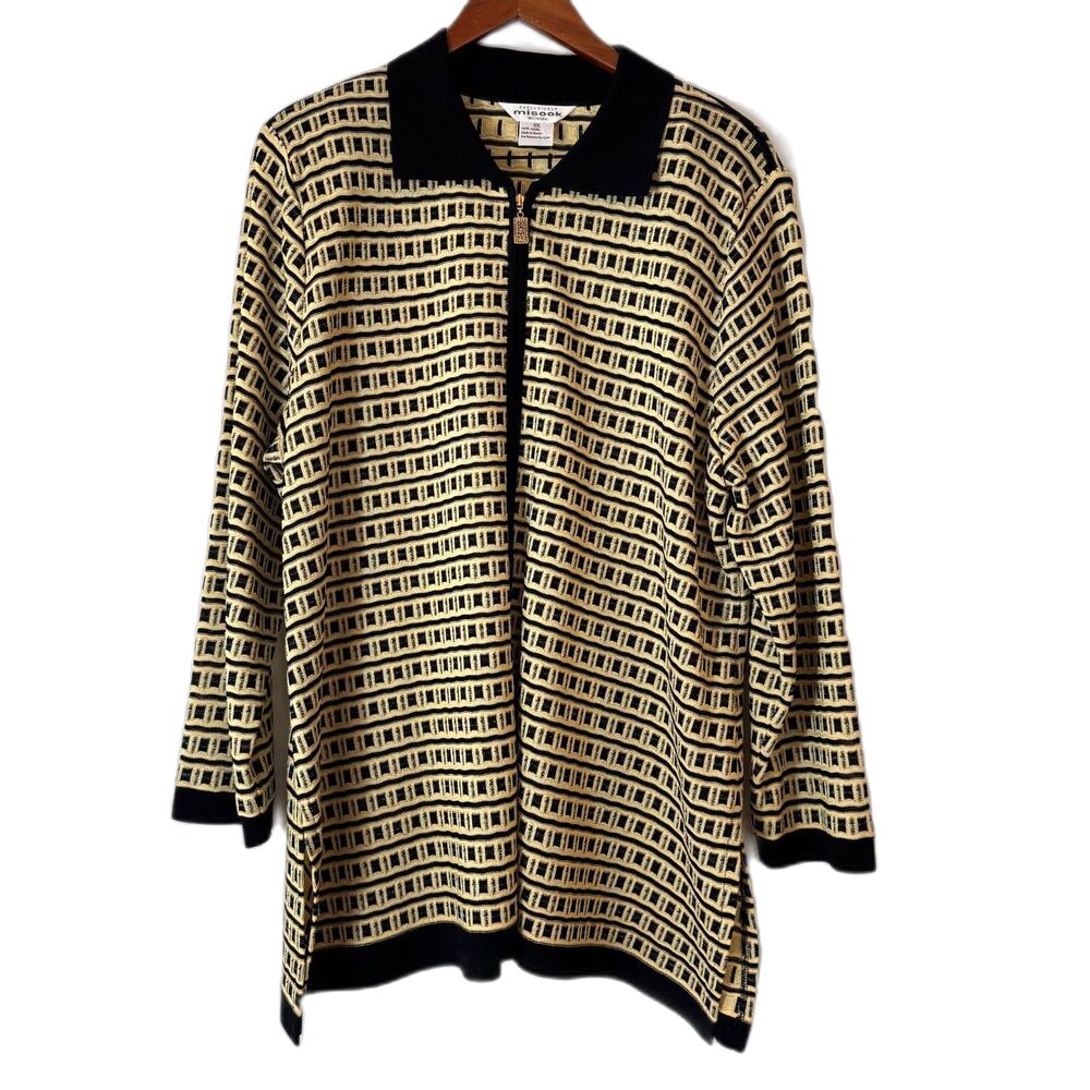 Exclusively Misook Woman Black Gold Geometric Zip Front Cardigan 2X